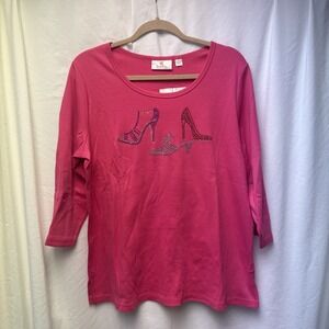 Quaker Factory Shirt Women's Pink Embellished Shoes Top 3/4 Sleeve L NWT